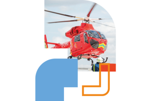 London Air Ambulance set within graphics of curved angular corner shapes