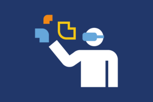 A graphic of a person wearing a virtual reality headset