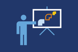 A graphic of a person pointing at a whiteboard