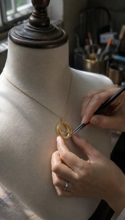 A person putting a gold necklace on a mannequin bust.