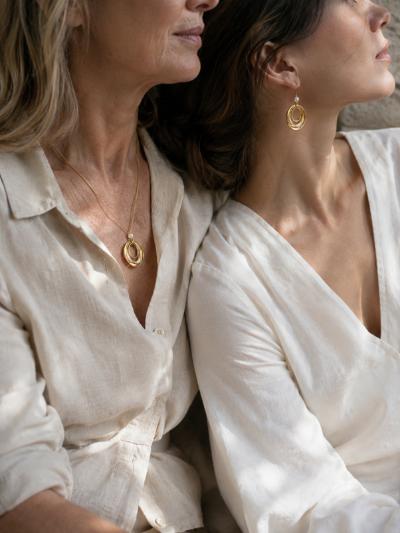Two women modeling the gold and pearl jewellery. One is wearing the necklace, one the earrings.