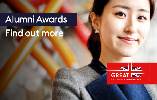 A photo with a woman looking into the camera. The text: 'Study UK Alumni awards', find out more.