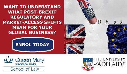 An image of an eraser rubbing out a bridge between the UK and EU flags with a message to the side reading: 'Want to understand what post-brexit regulatory and market-access shifts mean for your global business? Enroll today