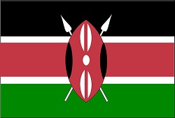 Kenyan flag - black, white, red and green horizontal stripes with a shied and spears in the centre