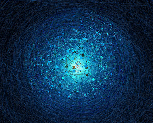 A bunch of blue dots all connected in a globe shape against a blue-black gradient background