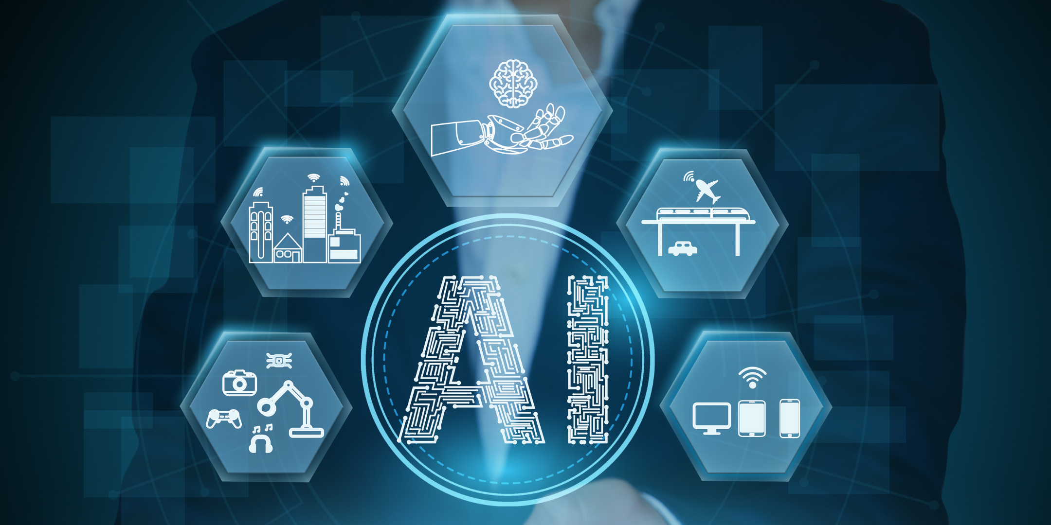 The letters AI in a circle with surrounding symbols