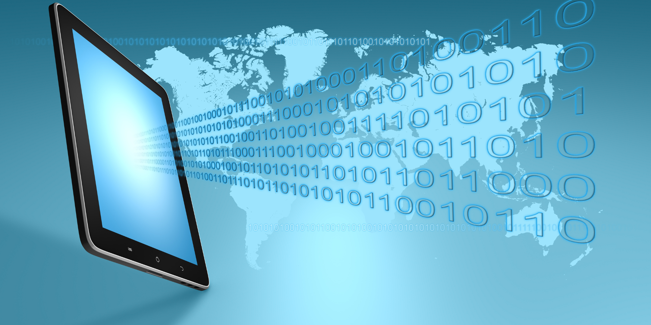 iPad with coding displayed above global map