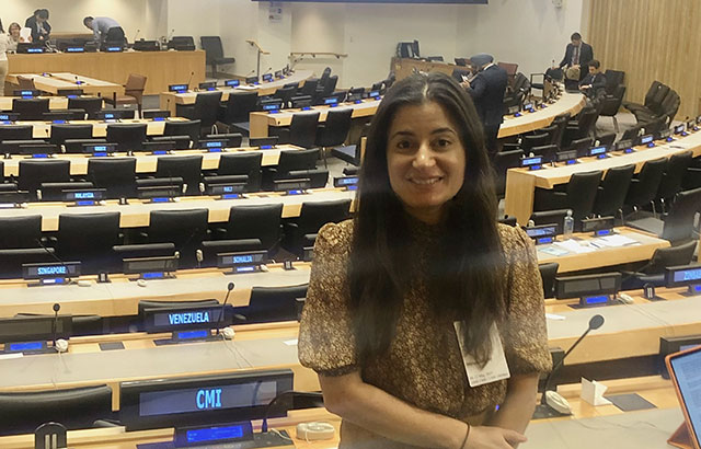 Professor Miriam Goldby in the chamber of UNCITRAL, with seats of different countries behind her.