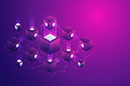 Lots of blocks organized around a central larger block against a swtich board style graphic. The background is in a colour gradient from indigo-violet to magenta.