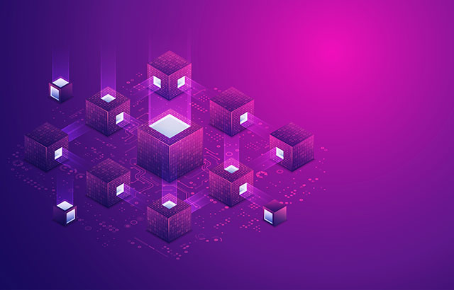 Lots of blocks organized around a central larger block against a swtich board style graphic. The background is in a colour gradient from indigo-violet to magenta.