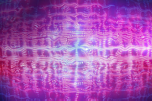 Distorted binary code on a purple background