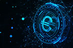 A digitally rendered image of the euro symbol in a coin in electric blue.