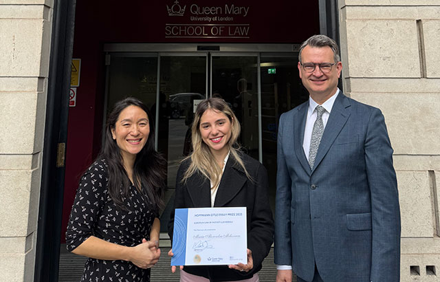 Pictured from left to right: Dr Kei Enomoto (Partner, Hoffmann Eitle), Alexandra Melissinou (LLM student 2024-5), Professor Duncan Matthews (Director of Research, Centre for Commercial Law Studies)