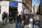 Queen Mary LLM students stood talking outside the Centre for Commercial Law Studies in Holborn.
