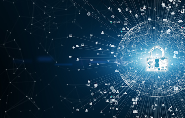 A digital globe with icons representing digital connectivity beaming from a padlock at the core.