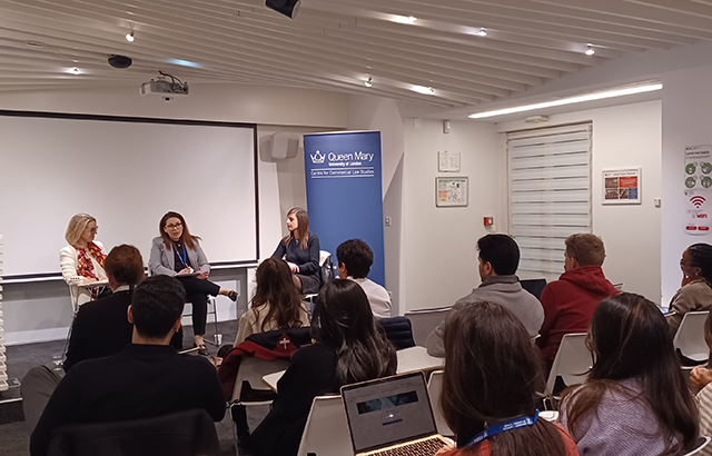 Mrs Larisa Babiy and Mrs Samia Gambier speaking with Dr Maria Fanou in front of LLM Paris students.
