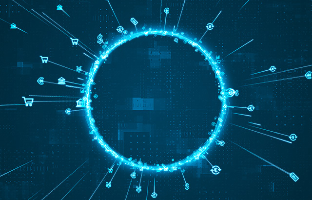 An electric blue ring with symbols of various currencies coming off.