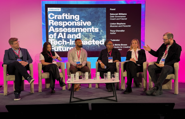 5 people sit in front of a screen discussing AI report launch