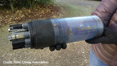 A photograph of a Eureka Manta sonde being deployed in the River Chess. Credit for the photograph to the River Chess Association.