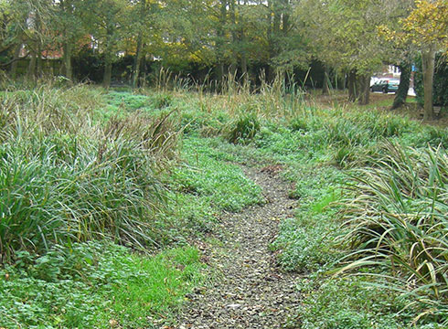 The Meades Water Garden in Chesham with no flowing water.