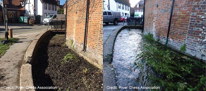 A photograph of the River Chess in Chesham with a dry riverbed and contrasting with flowing water at the same site.