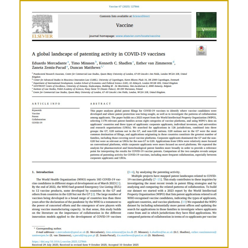 The front page of the article of A global landscape of patenting activity in COVID-19 vaccines.