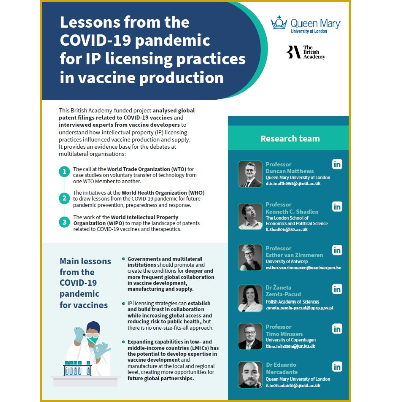 First page of the Lessons from the COVID-19 pandemic for IP licensing practices in vaccine production November 2025 report with a gold border.