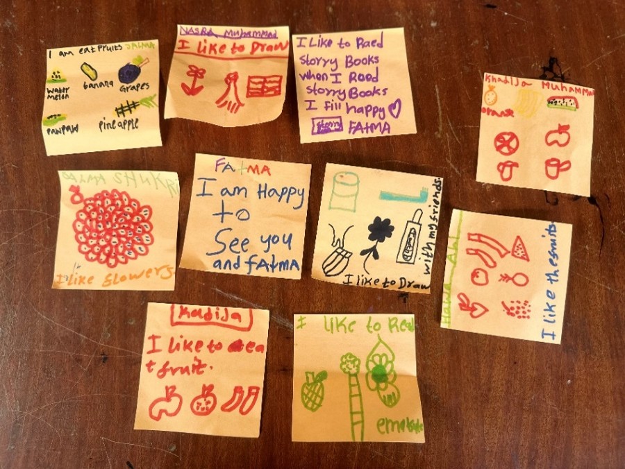 Image showing the contents of a 'happiness jar' from Muskaan Aleeza Admani's research, where girls captured moments of joy through drawings and short messages.