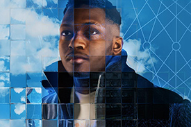 A photographic rendering of a young black man standing in front of a cloudy blue sky, seen through a refractive glass grid and overlaid with a diagram of a neural network.