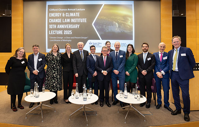A group photo of Lord Browne with CCLS students, Ioannis Kokkoris, Colin Bailey and James Dallas.
