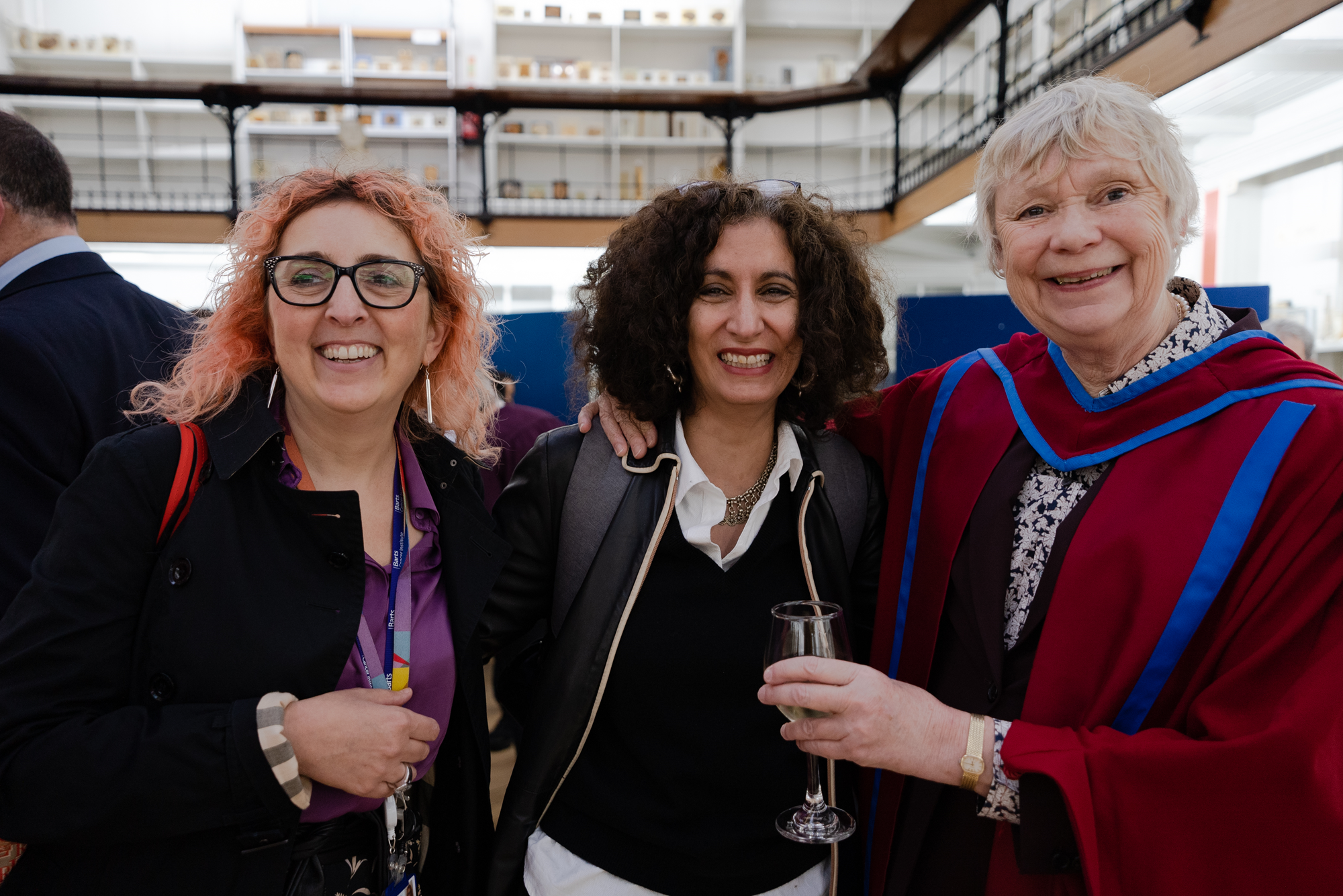 Three academic women in the pathology museum