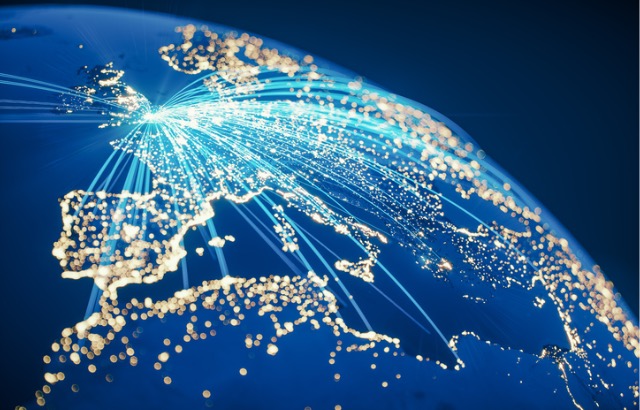 Pictured from space a number of lights travel to different locations from the UK