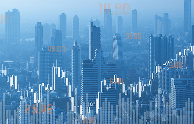 Investor/trade graph layered over a cityscape.