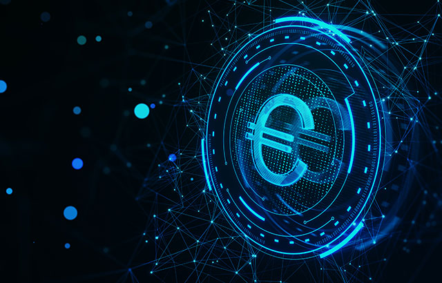 A digitally rendered image of the euro symbol in a coin in electric blue.