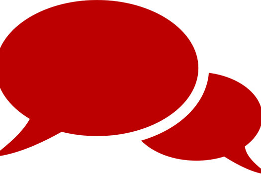 Two red speech bubbles side by side indicating conversation