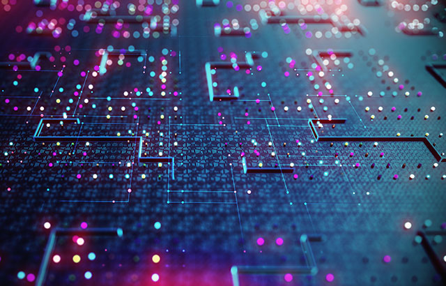 Circuit board in pink, blue and purple hues.