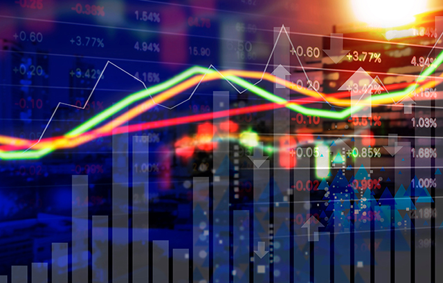 Financial line and bar charts in orange and green.