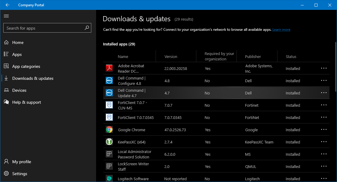You can check the status of application installation or updates via the Downloads and Updates Tab in Company Portal