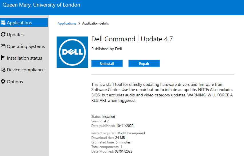 The Application Page displays actions you can take, like Installing, Uninstalling or Repairing. You can also find app metadata undereath.