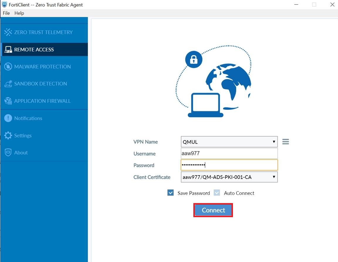 Forticlient connect button