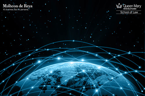 Queen Mary School of Law and Mishcon de Reya logos above a globe with neurons showing digital connectivity