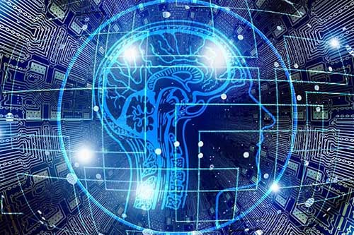 A digital image of a brain in a skull surrounded by code