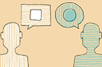 Digital illustration of two people talking with speech bubbles