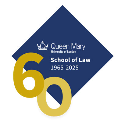 Queen Mary School of Law 60th anniversary logo. A dark blue diamond with a gold border. In the diamond is the Queen Mary logo, the words School of Law 1965-2025, and 60 in large in gold.