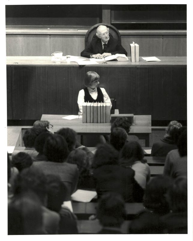 Lord Wilberforce judging a mooting competition at Queen Mary