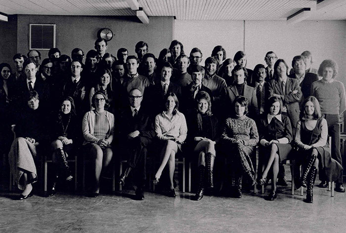 A group photo of Queen Mary law students and academics from 1971.