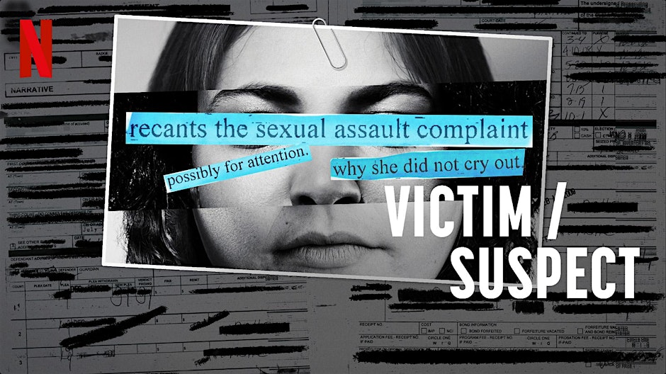 A photo made up of three different other photos of womens' faces with a strip of blue going across the eyes that says 