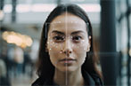 A woman looking into a screen with dots all over mapping her face,
