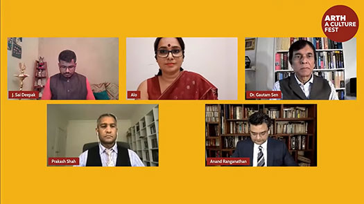 Zoom panel of India that is Bharat book launch: Top right-left - J Sai Deepak, Alo, and Dr Gautam Sen. Bottom left-right - Dr Prakash Shah, and Dr Anand Ranganathan