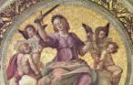 A ceiling painting by Raffael of a woman holding a sword surrounded by cherubs.